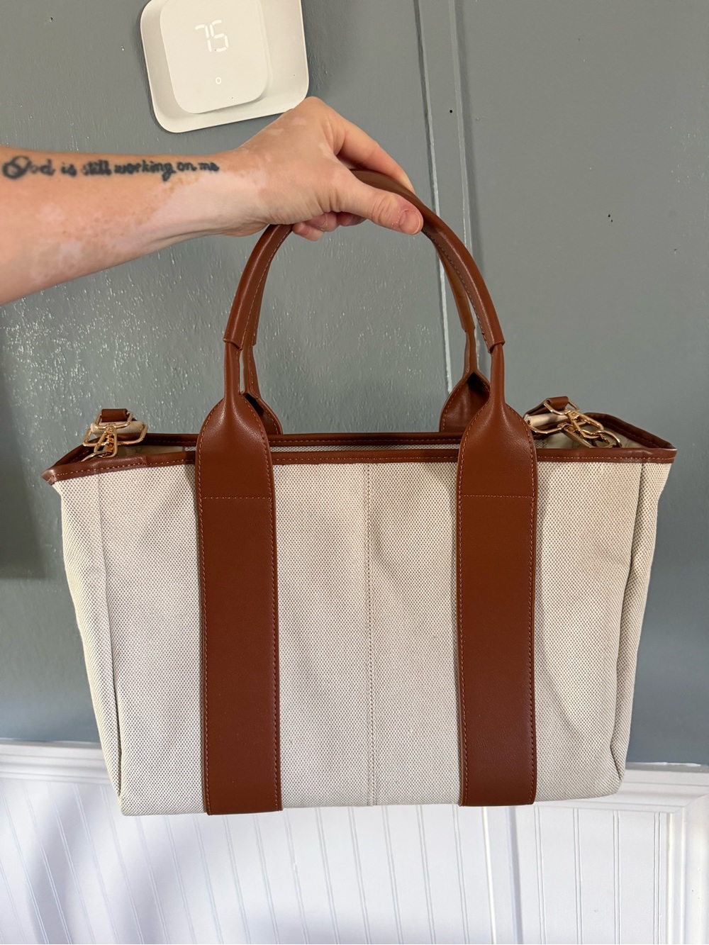 Canvas Tote with Brown Leather Trim - Classic Everyday Carry
